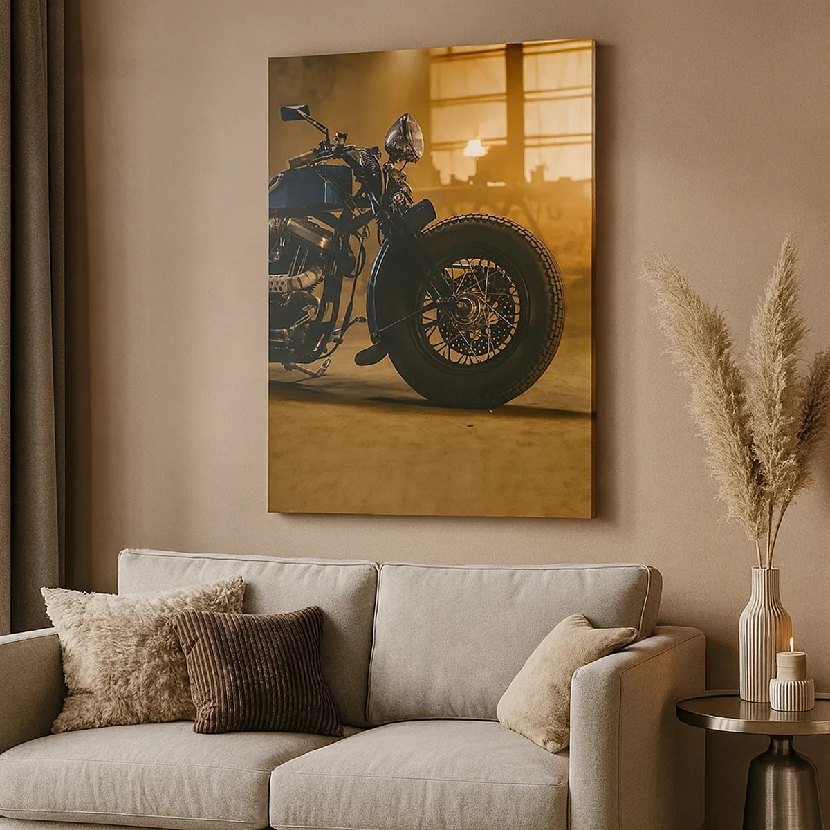Impression sur toile - Image sur toile - Une moto élégante dans un intérieur industriel avec un éclairage chaleureux - 50x70cm - Je peux tout - Décoration murale moderne pour le salon et la chambre ARTTOR