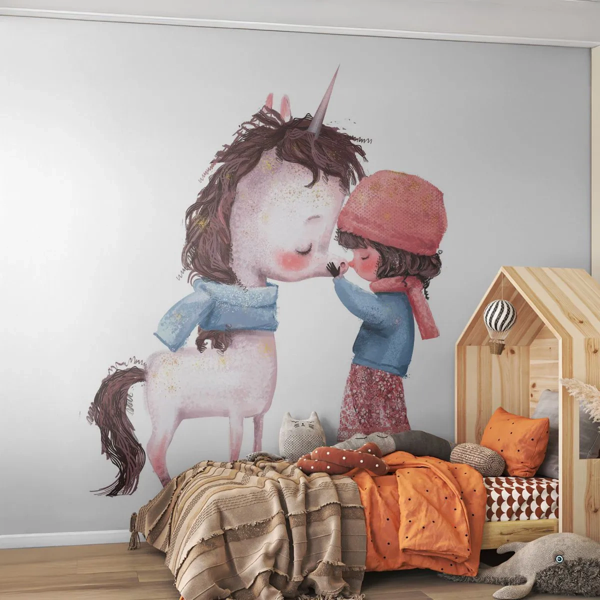 Papier Peint Photo Premium Sand - Une fille et une licorne en vêtements chauds dans une illustration de conte de fées - 100x70cm - Histoire d'hiver - Décoration murale moderne pour le salon et la chambre ARTTOR