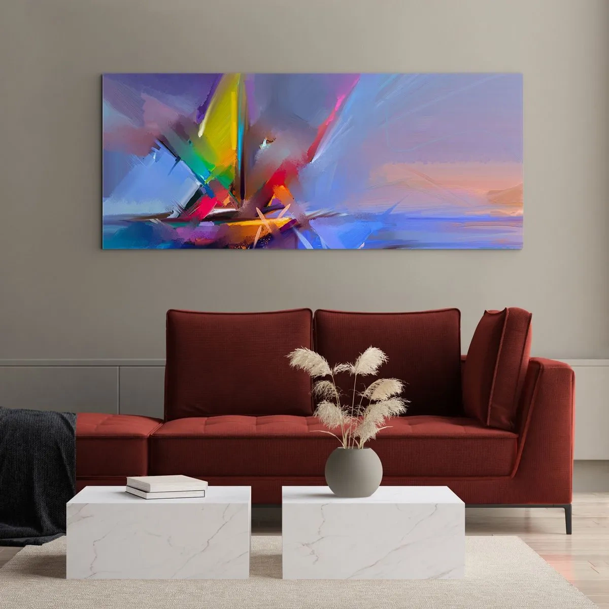 Impression sur verre - Image sur verre - Composition abstraite aux couleurs intenses - 160x50cm - Hélices comme un oiseau - Décoration murale moderne pour le salon et la chambre ARTTOR