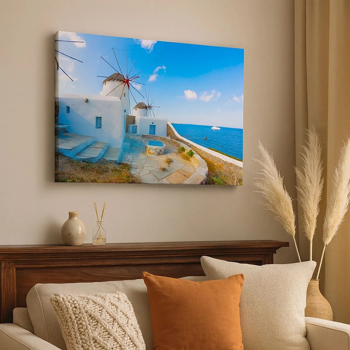 Impression sur toile - Image sur toile - Des moulins à vent blancs sur les rives de la mer bleue - 70x50cm - Le vent bleu de la mer - Décoration murale moderne pour le salon et la chambre ARTTOR