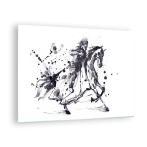 Impression sur verre - Image sur verre - Peinture en noir et blanc d'un cavalier sur un cheval dans un style abstrait - 70x50cm - Chevalier noir - Décoration murale moderne pour le salon et la chambre ARTTOR
