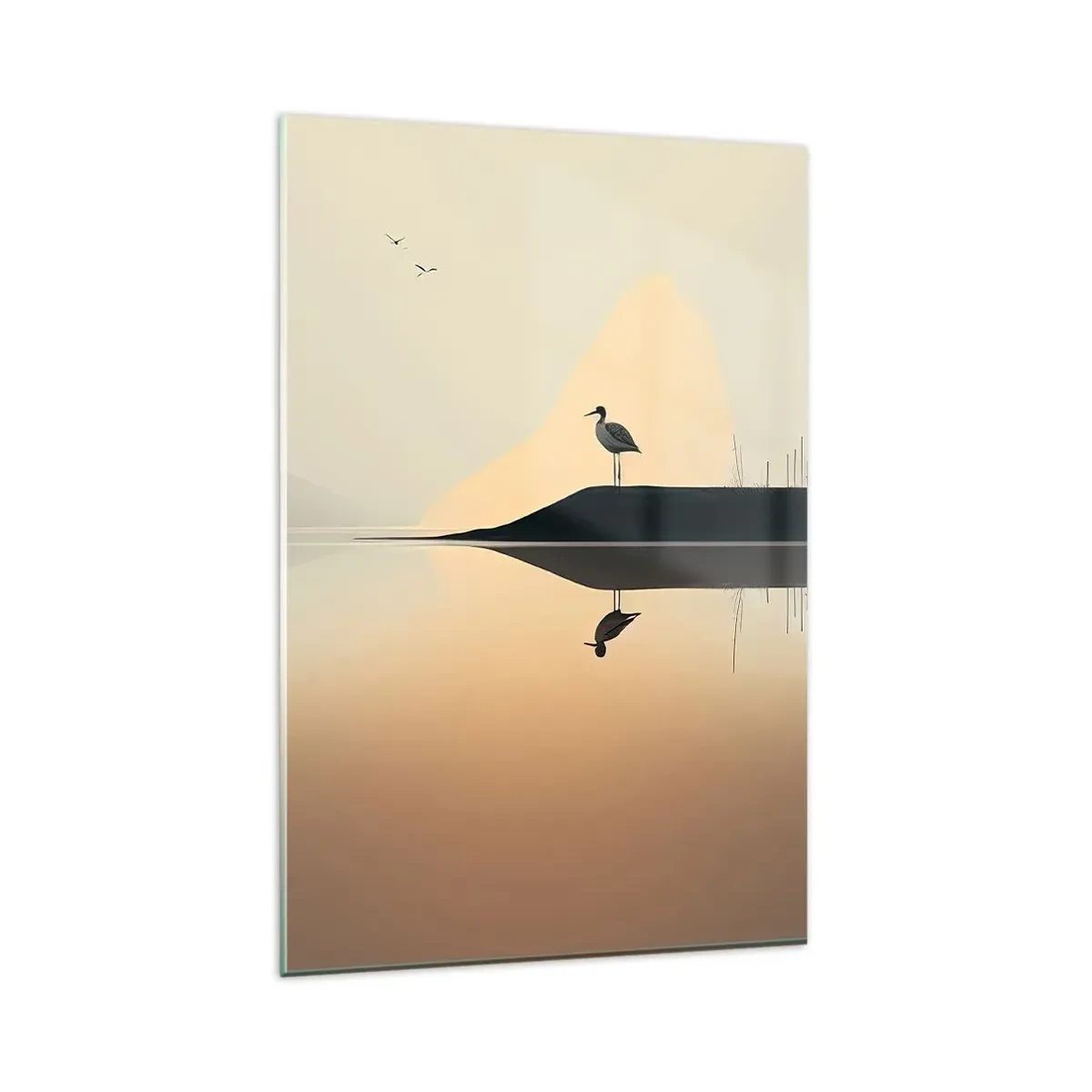 Impression sur verre - Image sur verre - Un oiseau sur une île dans un lac calme aux teintes chaudes - 80x120cm - Le seigneur du lac - Décoration murale moderne pour le salon et la chambre ARTTOR