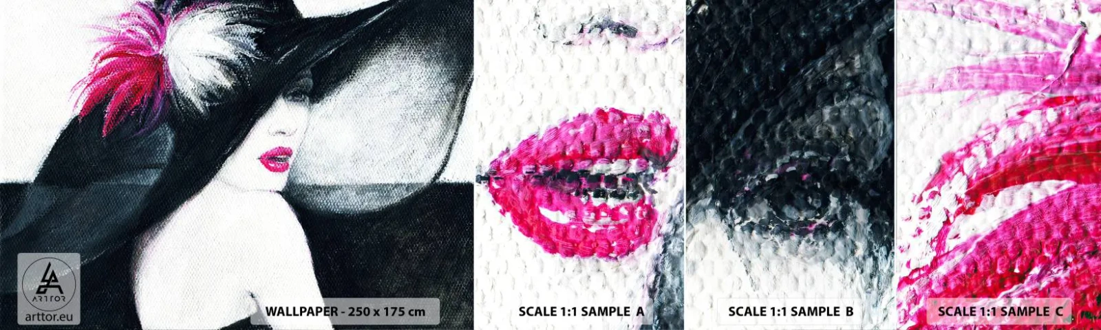 Échantillon de Papier Peint Autocollant Deluxe Sticker - Toujours un secret - Femme au chapeau, Visage de femme, lèvres rouges - 100x30 cm