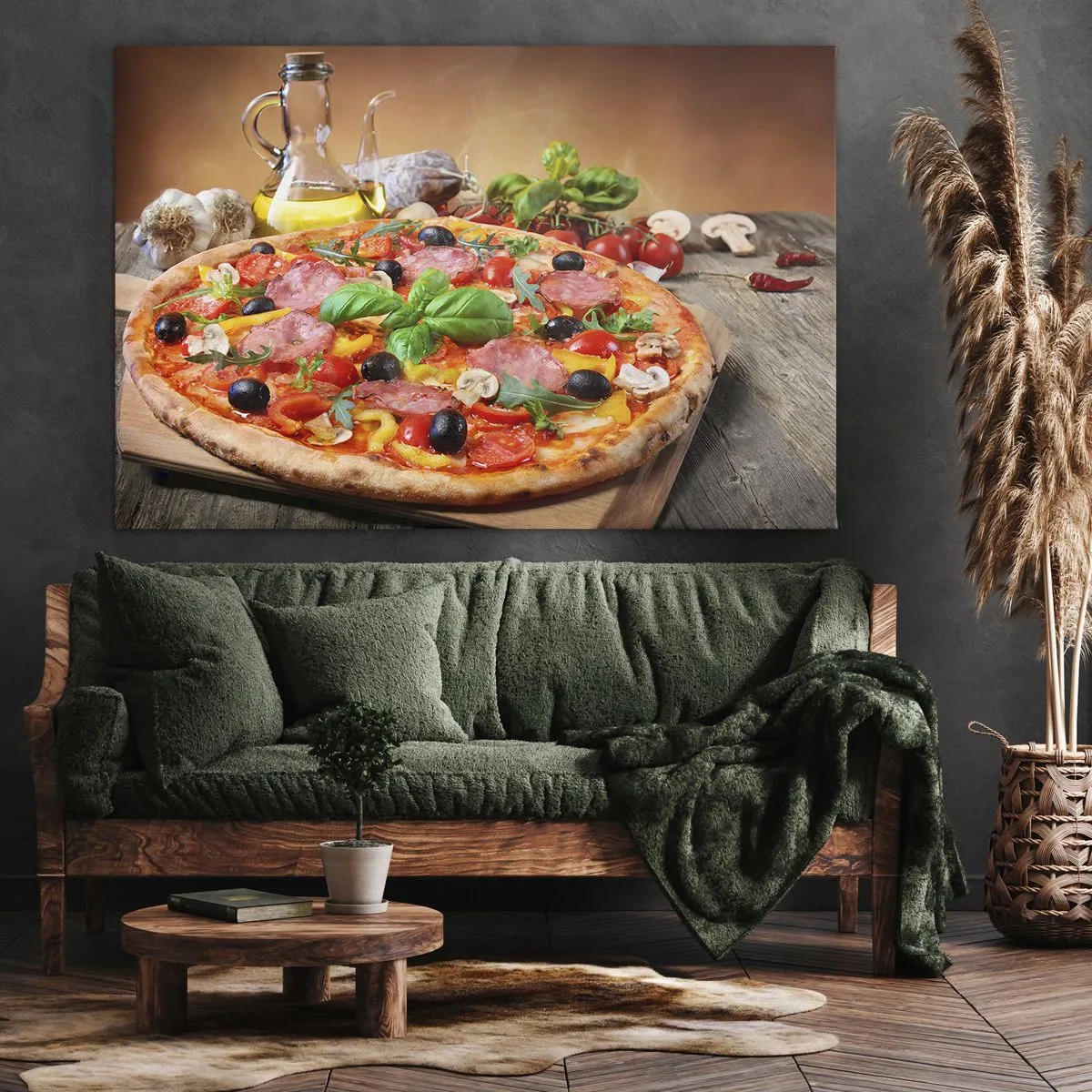 Impression sur toile - Image sur toile - Pizza appétissante sur une table en bois avec garnitures - 120x80cm - Avec une vraie saveur italienne - Décoration murale moderne pour le salon et la chambre ARTTOR