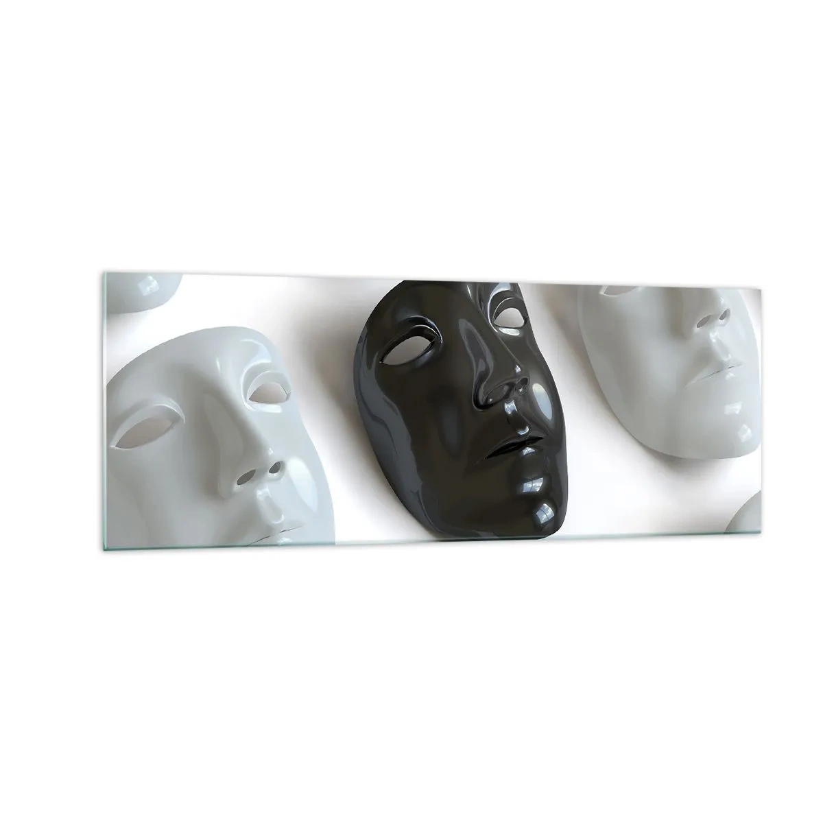 Impression sur verre - Image sur verre - Masques noirs et blancs sur fond clair - 140x50cm - Comment se démarquer ? - Décoration murale moderne pour le salon et la chambre ARTTOR