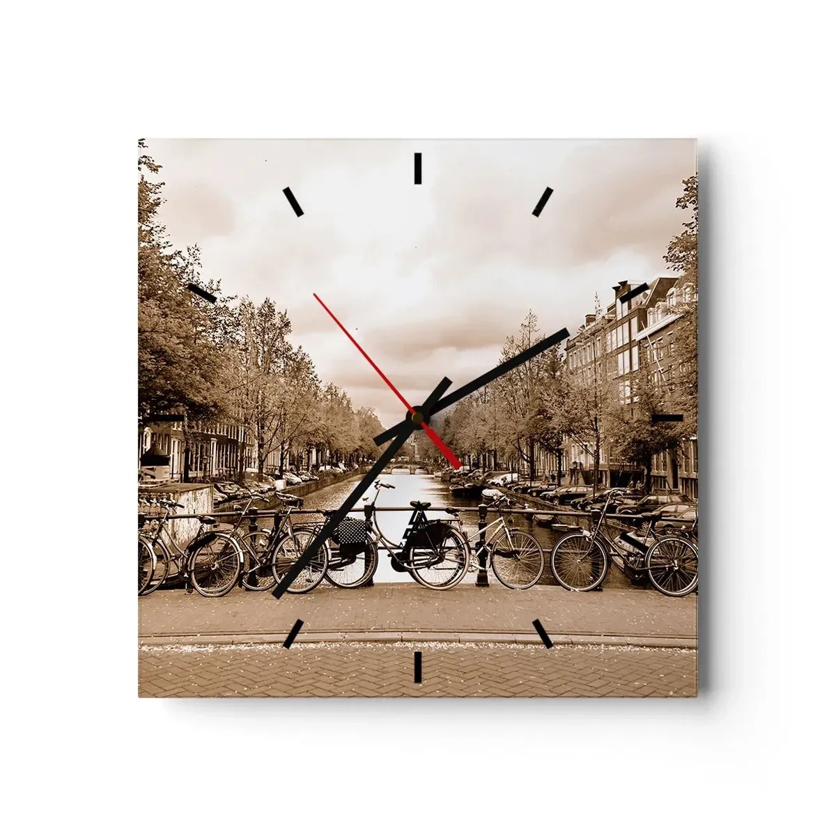 Horloge murale - Pendule murale - Pont cyclable sur le canal en sépia - 30x30cm - Ambiance hollandaise - Décoration murale moderne pour le salon et la chambre ARTTOR