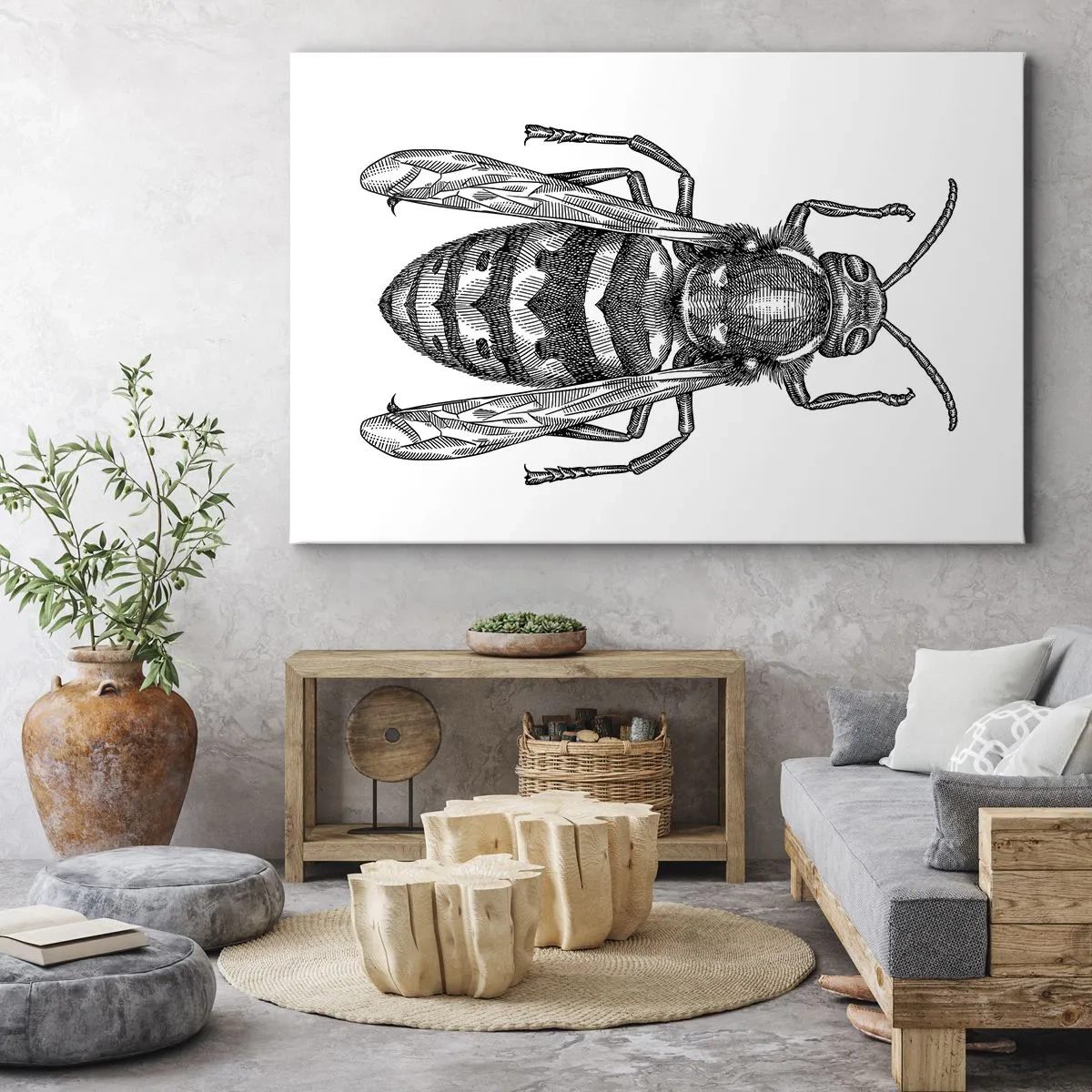 Impression sur toile - Image sur toile - Un motif de guêpe de dessin animé sur fond blanc dans un style minimaliste. - 120x80cm - D'une planète d'insectes - Décoration murale moderne pour le salon et la chambre ARTTOR
