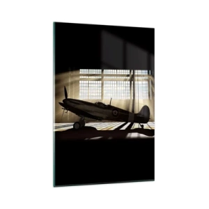 Impression sur verre - Image sur verre - Un avion historique dans un hangar éclairé par la lumière du soleil - 80x120cm - Le repos du guerrier - Décoration murale moderne pour le salon et la chambre ARTTOR