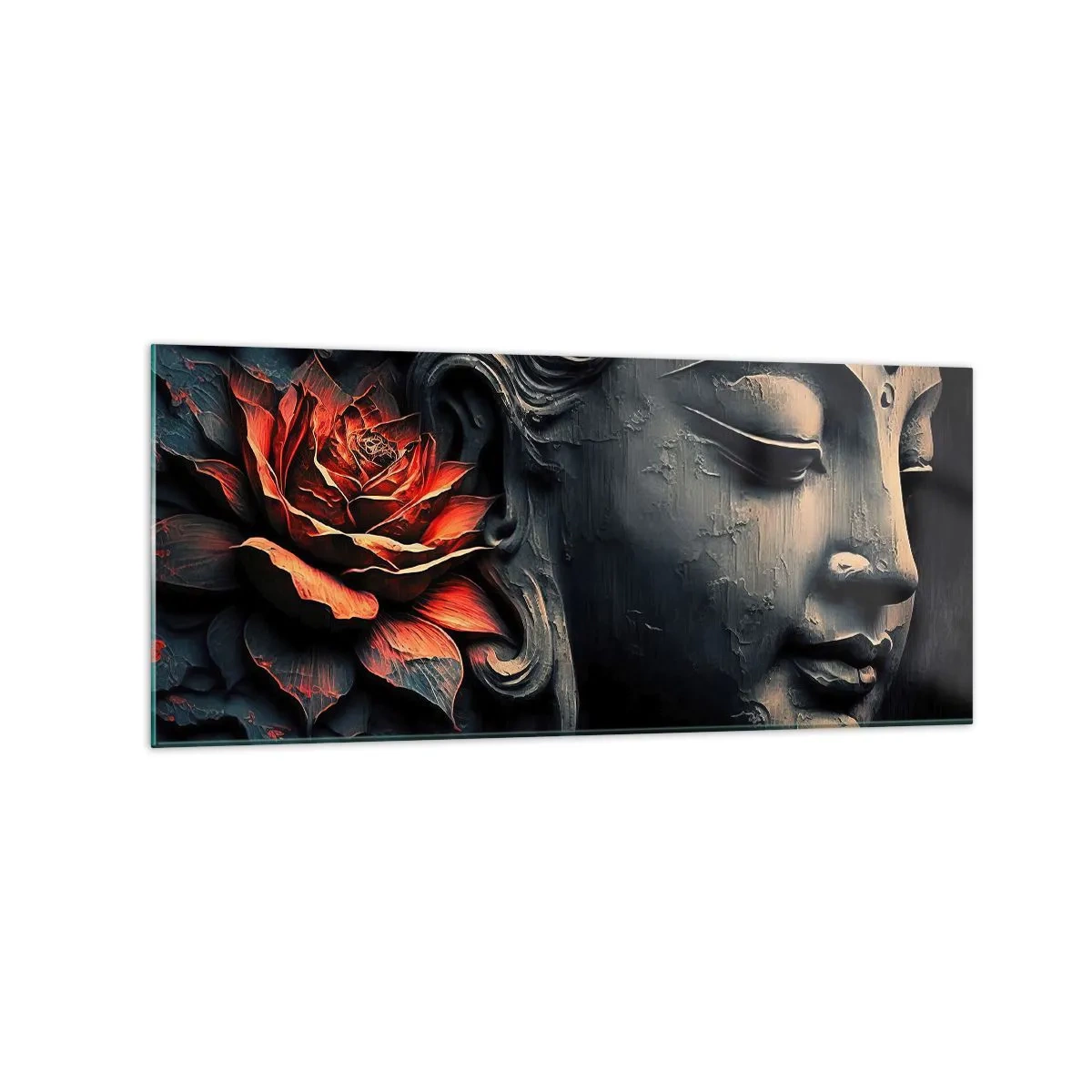 Impression sur verre - Image sur verre - Sculpture de Bouddha avec une fleur de lotus rouge - 120x50cm - En harmonie avec le monde - Décoration murale moderne pour le salon et la chambre ARTTOR