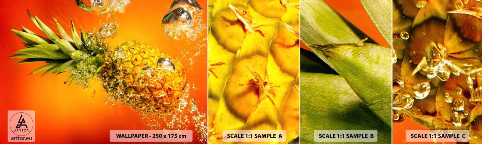 Échantillon De Papier Peint Standard Eco - Fraîcheur juteuse tropicale - Fruit, Ananas, Eau - 100x30 cm