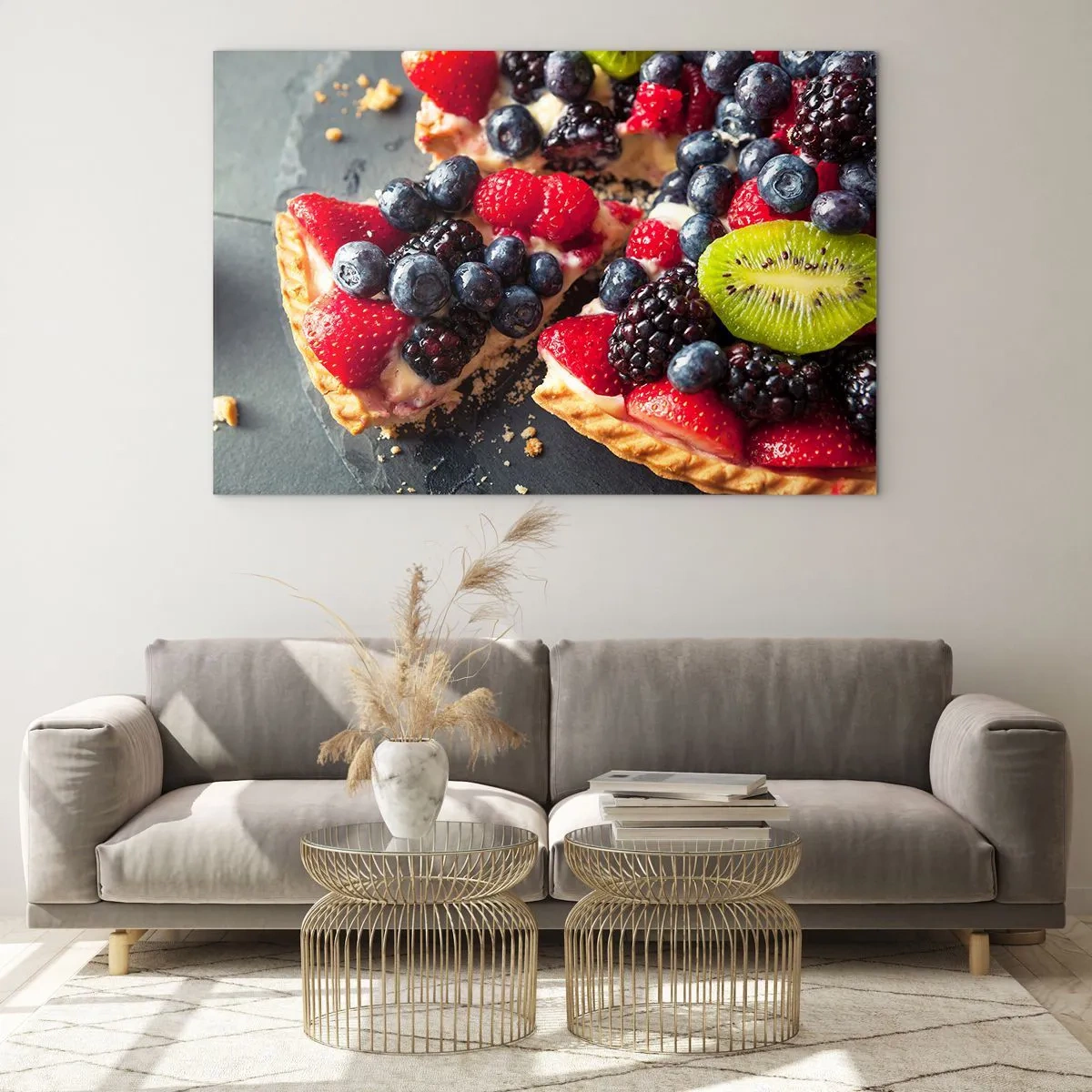 Impression sur verre - Image sur verre - Tarte aux fruits aux myrtilles, kiwi et fraises - 100x70cm - Dolce vita! - Décoration murale moderne pour le salon et la chambre ARTTOR