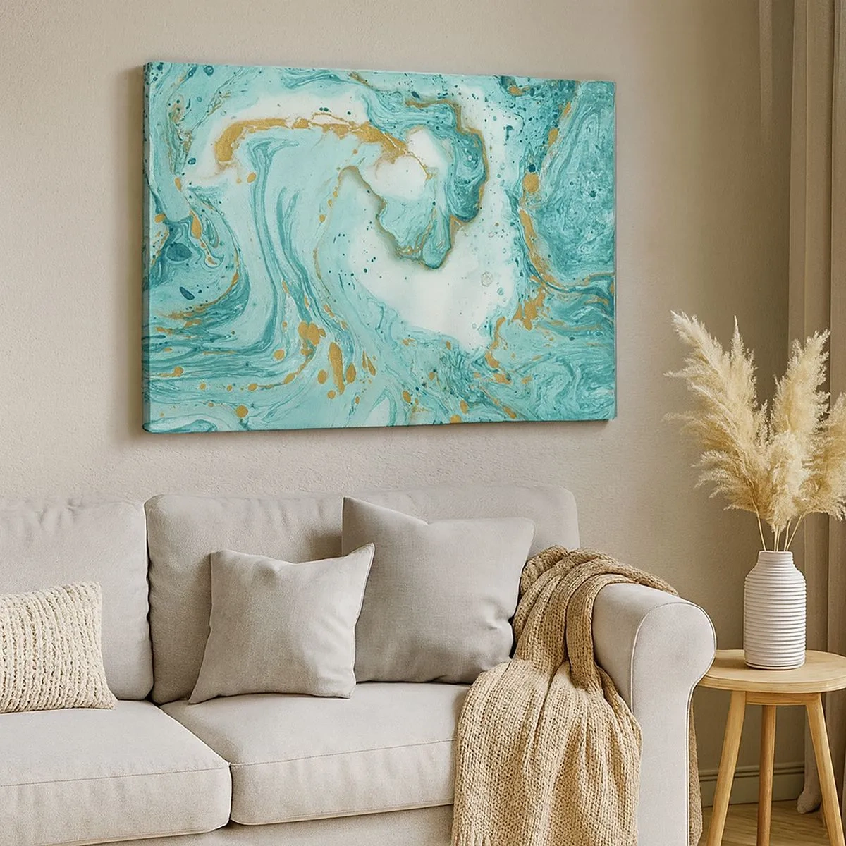 Impression sur toile - Image sur toile - Marbre turquoise avec des accents dorés dans une composition abstraite - 70x50cm - Sous la grande vague de l'ère Edo - Décoration murale moderne pour le salon et la chambre ARTTOR