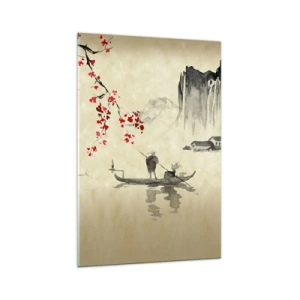 Impression sur verre - Image sur verre - Illustration orientale avec un bateau et une branche fleurie - 70x100cm - Au pays des cerisiers en fleurs - Décoration murale moderne pour le salon et la chambre ARTTOR