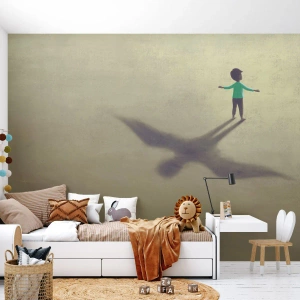 Papier Peint Photo Premium Sand - Silhouette d'un enfant avec une ombre en forme d'oiseau sur le sol - 100x70cm - Héros du futur - Décoration murale moderne pour le salon et la chambre ARTTOR