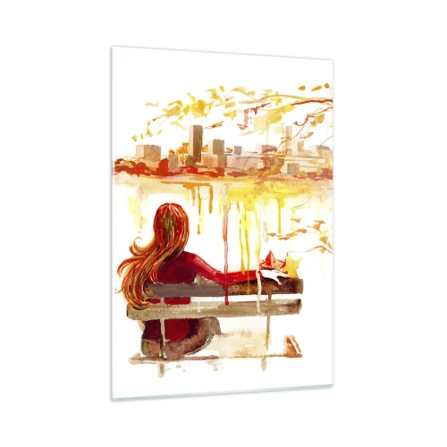 Impression sur verre - Image sur verre - Une figure sur un banc surplombant la ville à l'aquarelle - 50x70cm - Un moment de réflexion - Décoration murale moderne pour le salon et la chambre ARTTOR