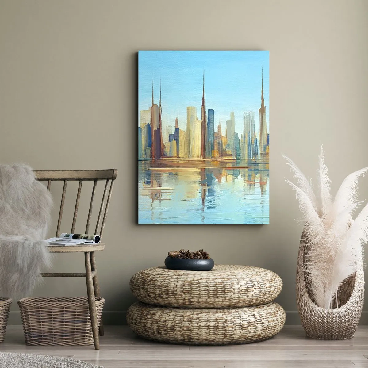 Impression sur toile - Image sur toile - Un panorama de la ville aux couleurs chaudes avec reflet dans l'eau - 70x100cm - Une métropole ensoleillée - Décoration murale moderne pour le salon et la chambre ARTTOR