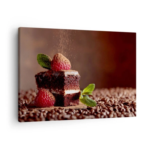 Impression sur toile - Image sur toile - Gâteau au chocolat aux framboises et à la menthe sur fond de fèves de cacao - 70x50cm - La vie est douce - Décoration murale moderne pour le salon et la chambre ARTTOR