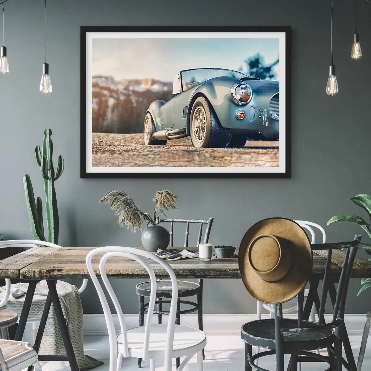 Affiche dans un cadre noir - Poster - Voiture décapotable classique dans un cadre pittoresque - 100x70cm - Ce qui compte c'est le style - Décoration murale moderne pour le salon et la chambre ARTTOR