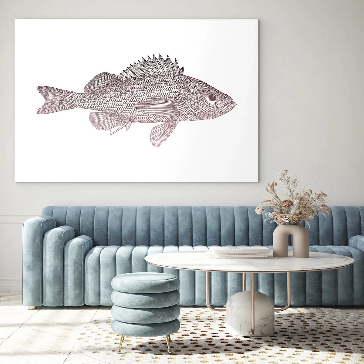 Impression sur verre - Image sur verre - Graphique d'un poisson avec un grand œil dans un style rétro sur fond blanc - 70x50cm - Poisson aux grands yeux - Décoration murale moderne pour le salon et la chambre ARTTOR