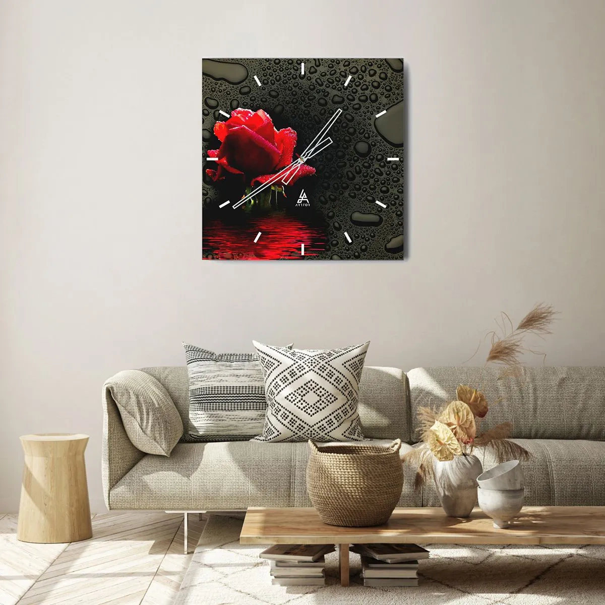 Horloge murale - Pendule murale - Rose rouge avec des gouttes d'eau sur un fond sombre - 30x30cm - Rouge et noir - Décoration murale moderne pour le salon et la chambre ARTTOR