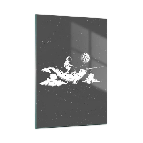 Impression sur verre - Image sur verre - Un astronaute chevauchant un narval dans un décor spatial - 50x70cm - Cavalier de l'espace - Décoration murale moderne pour le salon et la chambre ARTTOR