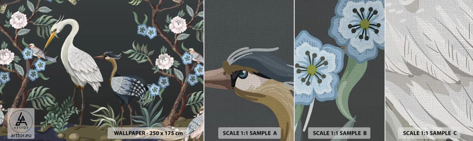 Échantillon de Papier Peint Premium Canvas - Parade d'oiseaux - Animaux, Fleurs, Oiseau - 100x30 cm