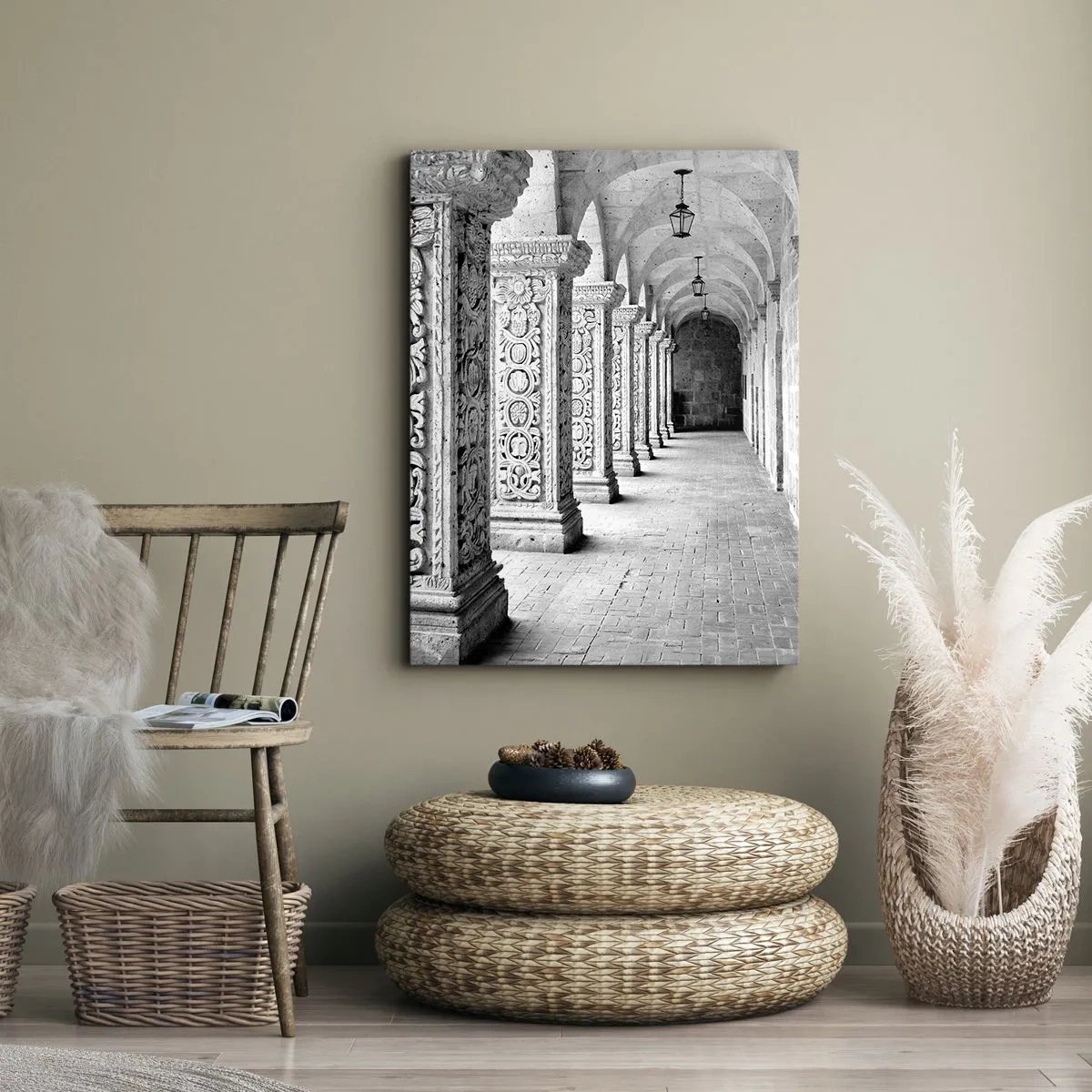 Impression sur toile - Image sur toile - Colonnes historiques dans une prise de vue monochrome - 50x70cm - Où cela mène-t-il…? - Décoration murale moderne pour le salon et la chambre ARTTOR