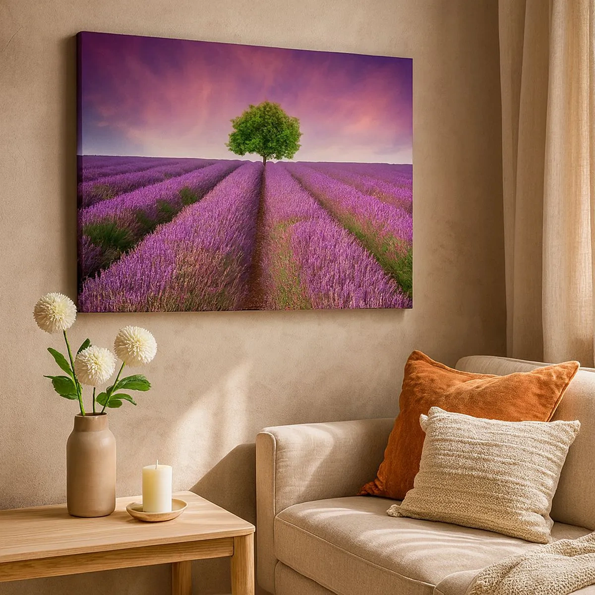 Impression sur toile - Image sur toile - Un champ de lavande avec un arbre solitaire et un ciel violet - 70x50cm - Dans un champs de lavande - Décoration murale moderne pour le salon et la chambre ARTTOR