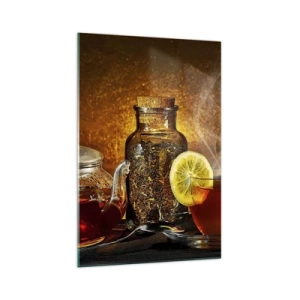 Impression sur verre - Image sur verre - Thé dans une carafe en verre avec du citron et du thé en vrac - 70x100cm - Dans le style des maîtres hollandais - Décoration murale moderne pour le salon et la chambre ARTTOR