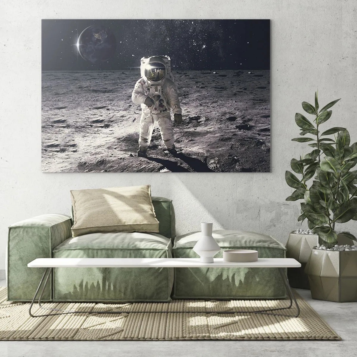 Impression sur verre - Image sur verre - Astronaute à la surface de la Lune avec la Terre en arrière-plan - 120x80cm - Salutations de la lune - Décoration murale moderne pour le salon et la chambre ARTTOR