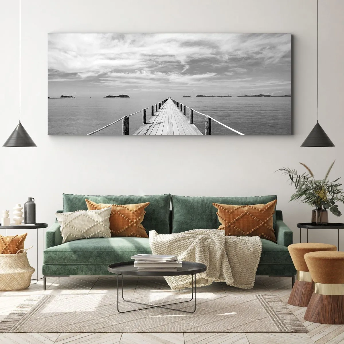 Impression sur toile - Image sur toile - Une jetée en bois menant au loin sur une mer calme - 140x50cm - Et peut-être un voyage... - Décoration murale moderne pour le salon et la chambre ARTTOR