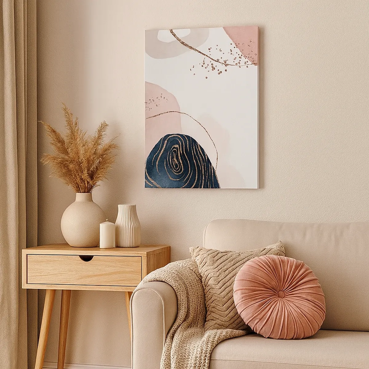 Impression sur toile - Image sur toile - Formes abstraites dans des tons beige et bleu marine avec des détails dorés - 50x70cm - Tout coule - Décoration murale moderne pour le salon et la chambre ARTTOR