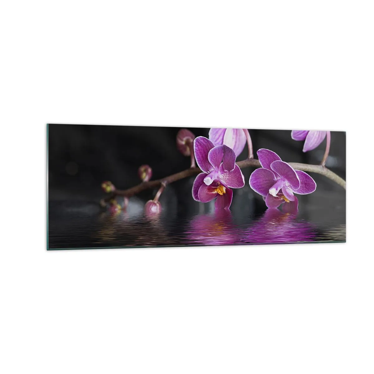 Impression sur verre - Image sur verre - Orchidées violettes sur une eau calme sur fond noir - 140x50cm - Reflet lilas de la beauté - Décoration murale moderne pour le salon et la chambre ARTTOR