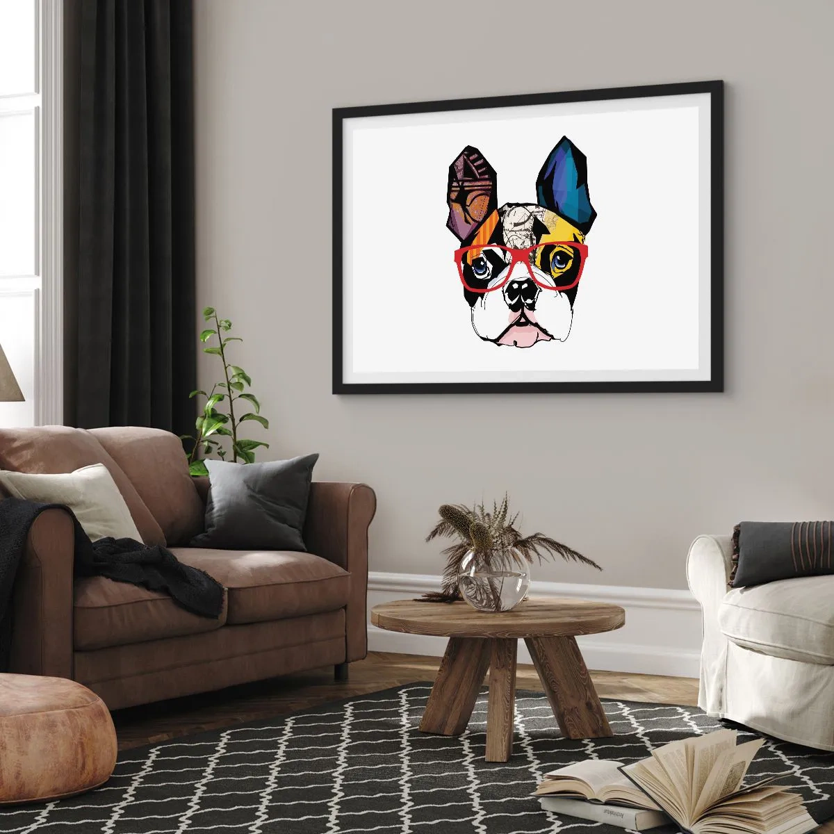 Affiche dans un cadre noir - Poster - Bouledogue dans une illustration colorée avec des lunettes rouges - 70x50cm - Intellectuel - Décoration murale moderne pour le salon et la chambre ARTTOR