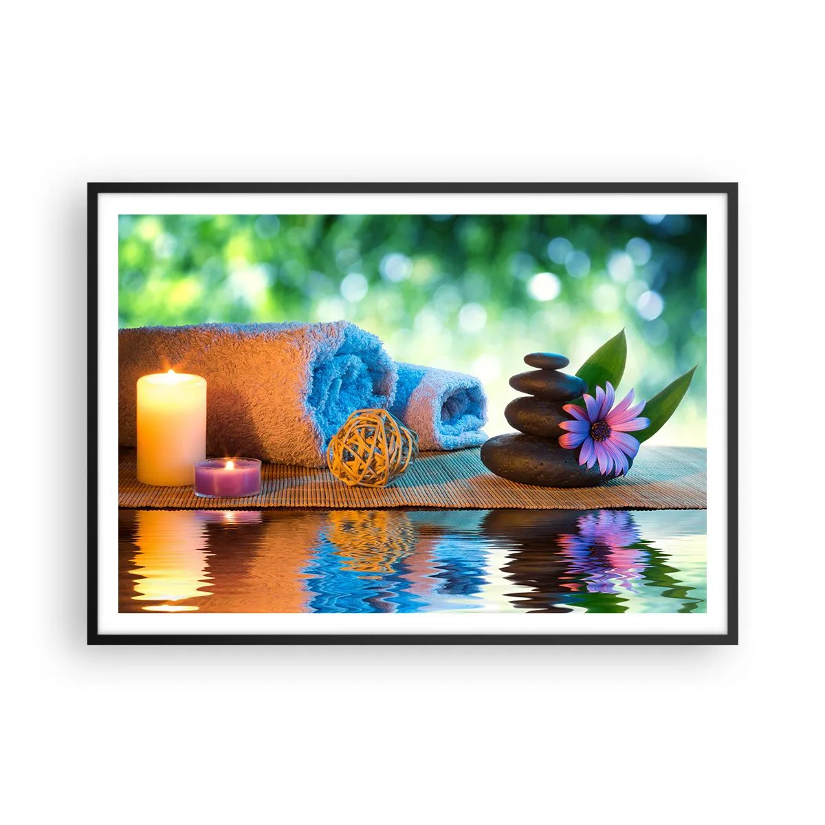 Affiche dans un cadre noir - Poster - Ensemble SPA relaxant avec serviettes, bougies et pierres - 100x70cm - Temps pour le corps - Décoration murale moderne pour le salon et la chambre ARTTOR