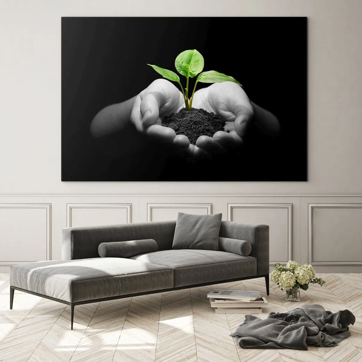 Impression sur verre - Image sur verre - Une jeune plante dans les mains sur un fond noir - 120x80cm - J'aime la nature, je la protège - Décoration murale moderne pour le salon et la chambre ARTTOR