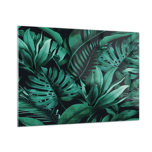 Impression sur verre - Image sur verre - Feuilles vertes luxuriantes dans une composition tropicale - 100x70cm - Profondeur du vert tropical - Décoration murale moderne pour le salon et la chambre ARTTOR