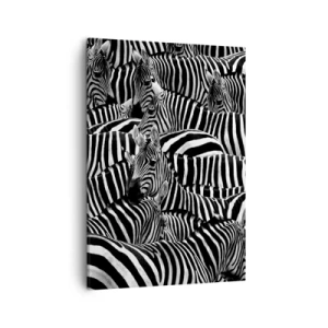 Impression sur toile - Image sur toile - Un groupe de zèbres avec des rayures noires et blanches créant un motif de symétrie. - 50x70cm - Portrait collectif à rayures - Décoration murale moderne pour le salon et la chambre ARTTOR