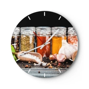 Horloge murale - Pendule murale - Épices colorées en pots et accessoires de cuisine - 30x30cm - Pour que la vie ait du goût - Décoration murale moderne pour le salon, la cuisine et la chambre ARTTOR