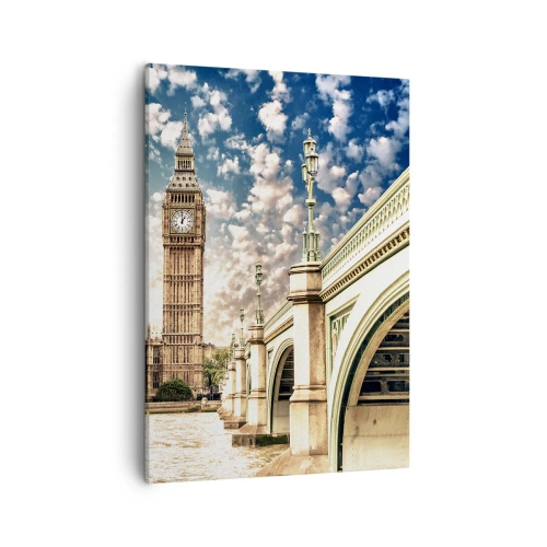 Impression sur toile - Image sur toile - Big Ben et le pont de Westminster illuminés par le soleil à Londres - 50x70cm - Nuages 