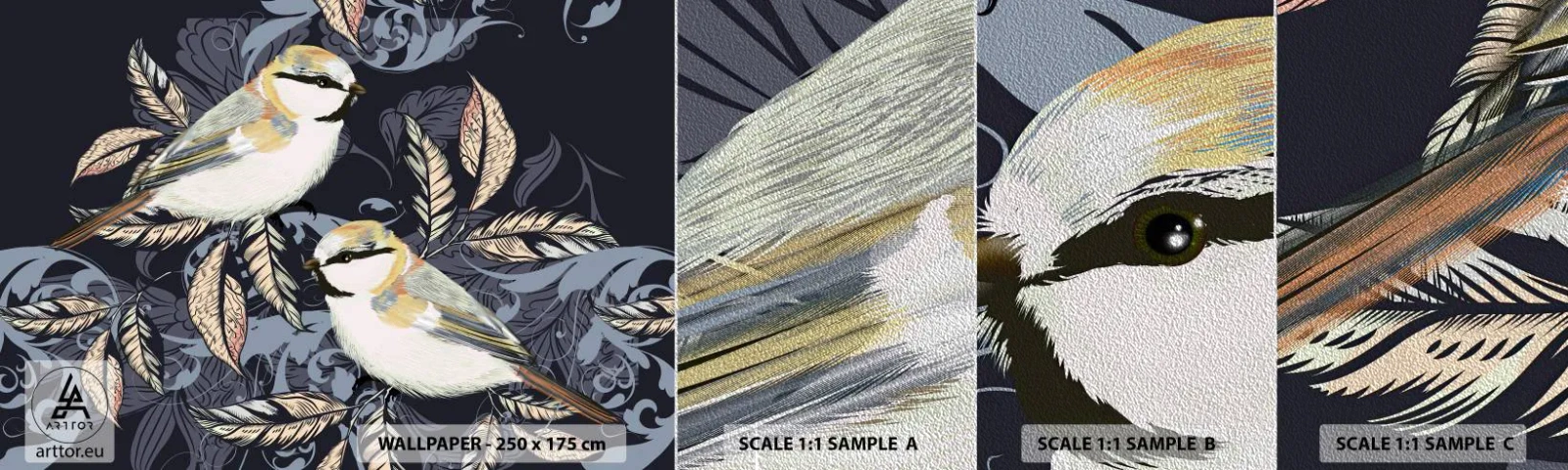 Échantillon de Papier Peint Premium Sand - Babillement jaune et bleu - Abstraction, Des oiseaux, Feuilles - 100x30 cm