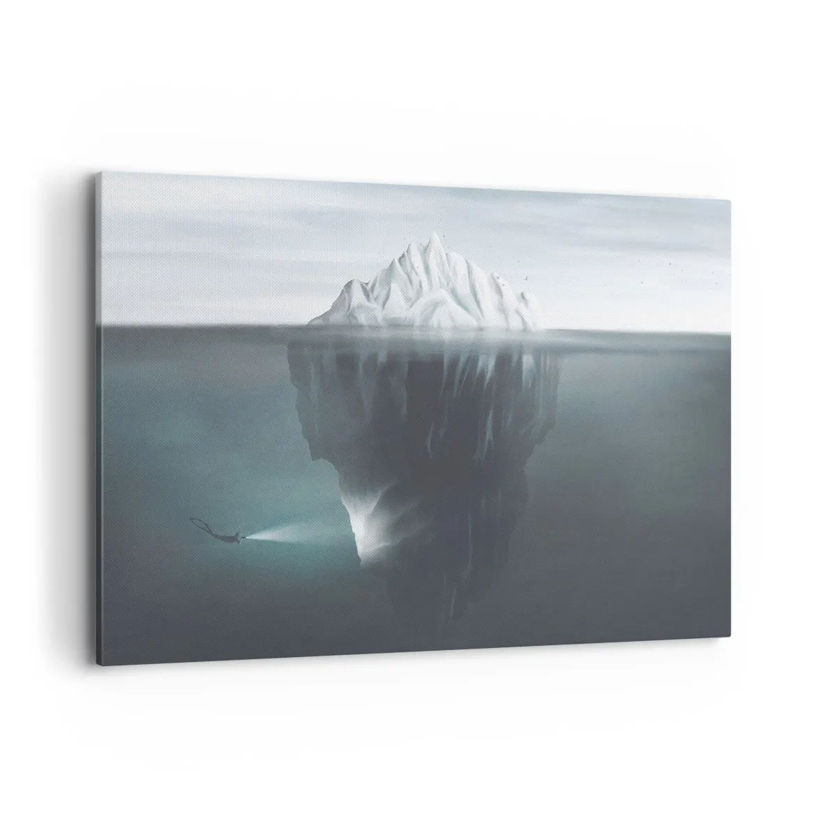 Impression sur toile - Image sur toile - Un iceberg dans l'eau avec un plongeur et un projecteur sous la surface. - 100x70cm - Mystère sous-marin - Décoration murale moderne pour le salon et la chambre ARTTOR