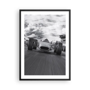 Affiche dans un cadre noir - Poster - Voiture de course rétro sur piste en noir et blanc - 50x70cm - Puissance! - Décoration murale moderne pour le salon et la chambre ARTTOR