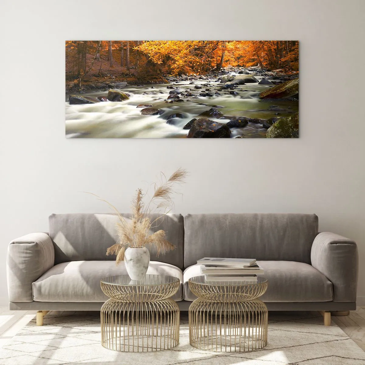 Impression sur verre - Image sur verre - Un ruisseau dans une forêt d'automne entouré de feuilles dorées - 160x50cm - Un ruisseau dans une forêt dorée - Décoration murale moderne pour le salon et la chambre ARTTOR