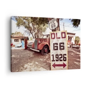 Impression sur toile - Image sur toile - Voiture rétro et panneau Route 66 dans un cadre rustique - 70x50cm - La légende de la province américaine - Décoration murale moderne pour le salon et la chambre ARTTOR