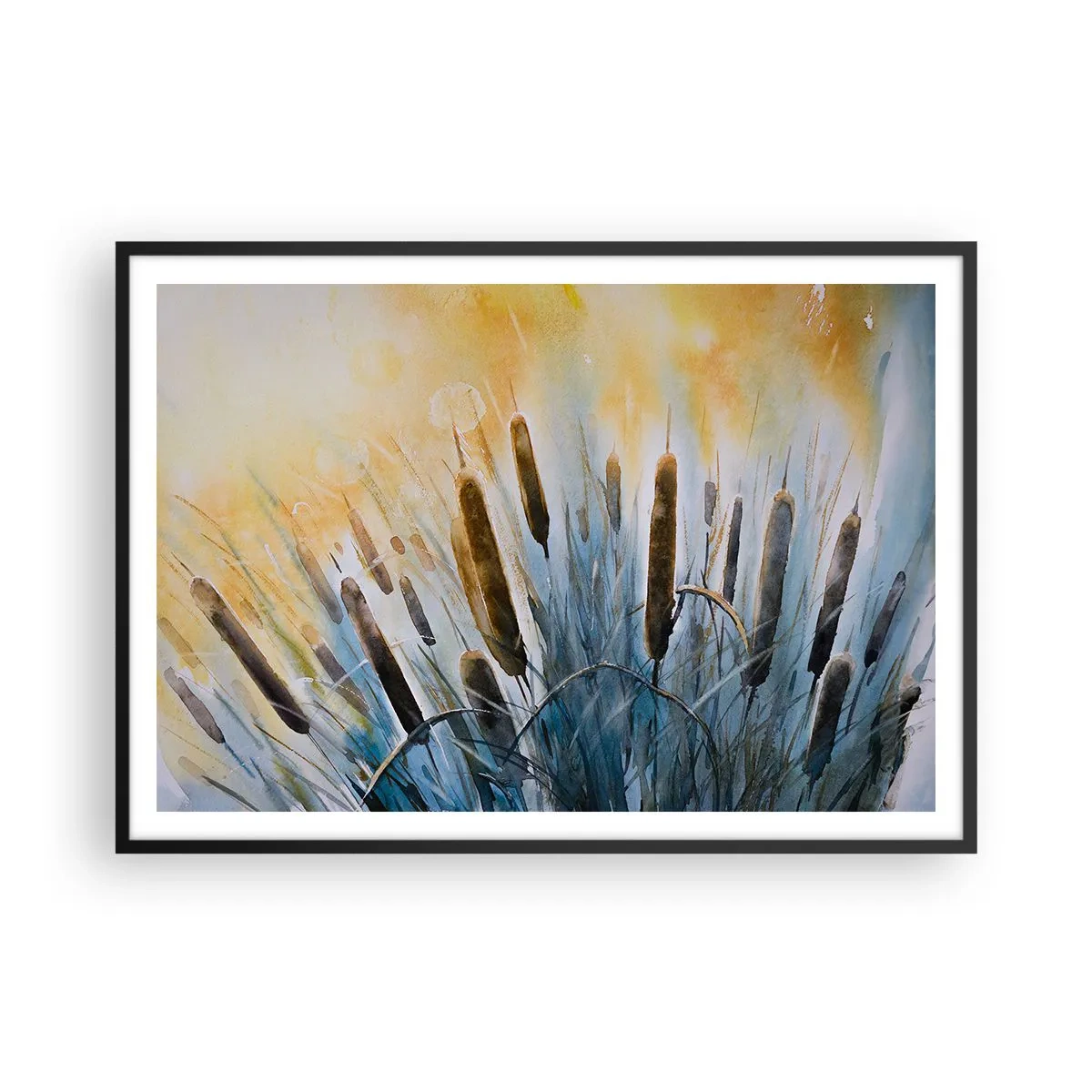 Affiche dans un cadre noir - Poster - Roseaux pittoresques sous les rayons du soleil - 100x70cm - Fraicheur de l'eau, chaleur du soleil - Décoration murale moderne pour le salon et la chambre ARTTOR