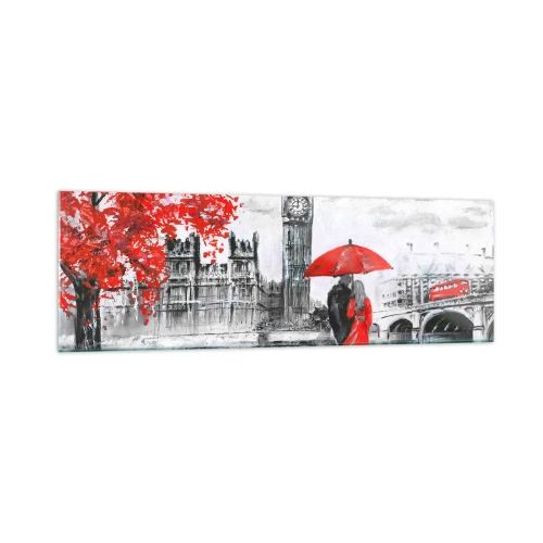 Impression sur verre - Image sur verre - Scène romantique avec Big Ben et un parapluie rouge - 160x50cm - Amoureux de Londres - Décoration murale moderne pour le salon et la chambre ARTTOR