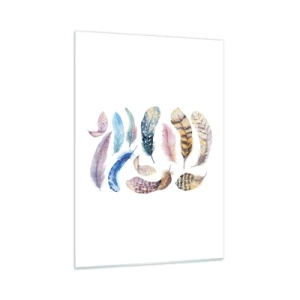 Impression sur verre - Image sur verre - Plumes colorées dans un style artistique sur fond blanc - 50x70cm - Léger, bariolé et multicolore - Décoration murale moderne pour le salon et la chambre ARTTOR