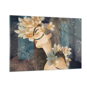 Impression sur verre - Image sur verre - Une figure féminine avec des lys dans un style de conte de fées - 120x80cm - Conte de fée sur la princesse lilas - Décoration murale moderne pour le salon et la chambre ARTTOR