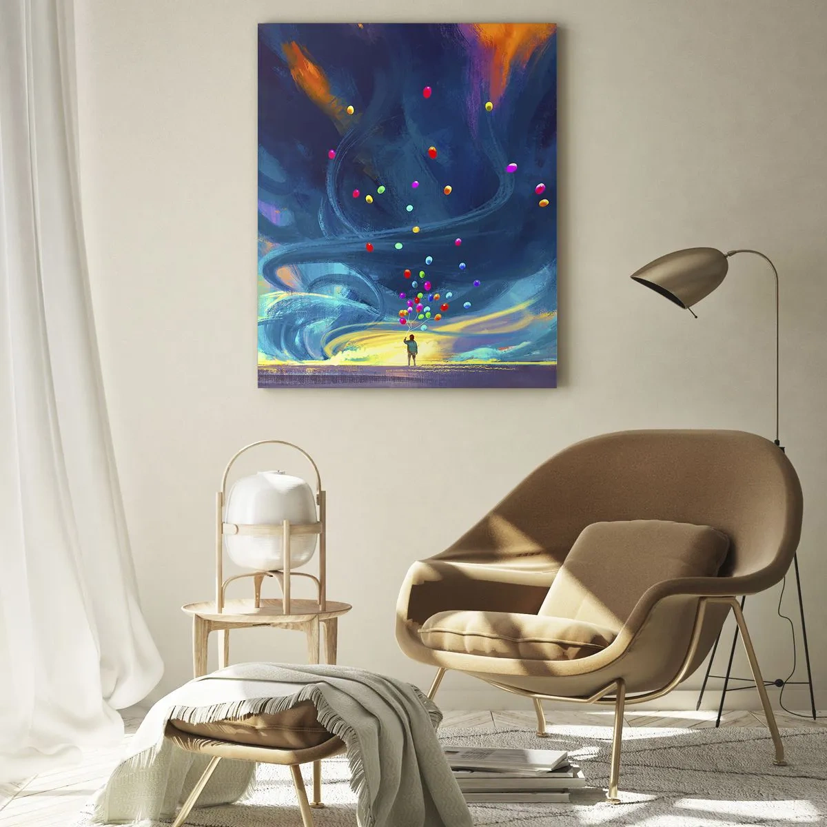 Impression sur verre - Image sur verre - Une silhouette avec des ballons sur un fond de nuages tourbillonnants et colorés - 80x120cm - Au vent bleu ciel - Décoration murale moderne pour le salon et la chambre ARTTOR
